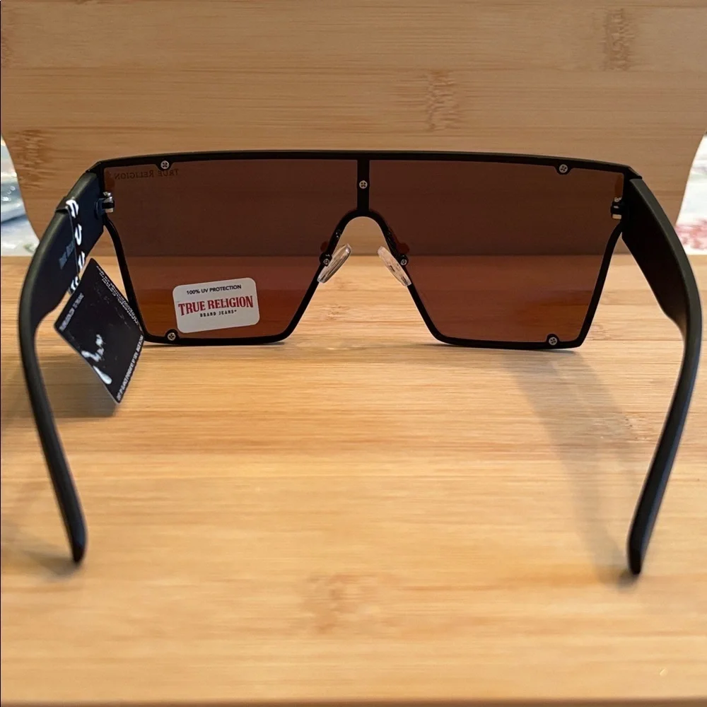 Brand New True Religion Black Shield Mirrored Aviator Sunglasses Flat Top Square